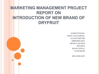MARKETING MANAGEMENT PROJECT
REPORT ON
INTRODUCTION OF NEW BRAND OF
DRYFRUIT
SUBMITTED BY:
ANKIT AGGGARWAL
ANAND TRIVEDI
ABHISHEK JHA
MITHUN KUMAR
MEGHNA
OJASV GOYAL
ANTRAKISH
IBS GURGAON
 