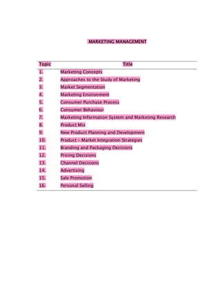 MARKETING MANAGEMENT




Topic                                Title
1.      Marketing Concepts
2.      Approaches to the Study of Marketing
3.      Market Segmentation
4.      Marketing Environment
5.      Consumer Purchase Process
6.      Consumer Behaviour
7.      Marketing Information System and Marketing Research
8.      Product Mix
9.      New Product Planning and Development
10.     Product – Market Integration Strategies
11.     Branding and Packaging Decisions
12.     Pricing Decisions
13.     Channel Decisions
14.     Advertising
15.     Sale Promotion
16.     Personal Selling
 