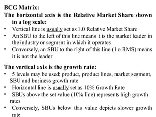 <ul><li>BCG Matrix: </li></ul><ul><li>The horizontal axis is the Relative Market Share shown in a log scale: </li></ul><ul...