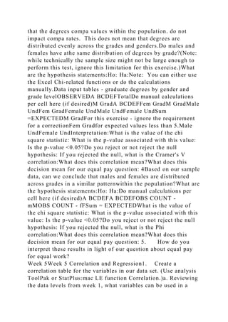 that the degrees compa values within the population. do not
impact compa rates. This does not mean that degrees are
distributed evenly across the grades and genders.Do males and
females have athe same distribution of degrees by grade?(Note:
while technically the sample size might not be large enough to
perform this test, ignore this limitation for this exercise.)What
are the hypothesis statements:Ho: Ha:Note: You can either use
the Excel Chi-related functions or do the calculations
manually.Data input tables - graduate degrees by gender and
grade levelOBSERVEDA BCDEFTotalDo manual calculations
per cell here (if desired)M GradA BCDEFFem GradM GradMale
UndFem GradFemale UndMale UndFemale UndSum
=EXPECTEDM GradFor this exercise - ignore the requirement
for a correctionFem Gradfor expected values less than 5.Male
UndFemale UndInterpretation:What is the value of the chi
square statistic: What is the p-value associated with this value:
Is the p-value <0.05?Do you reject or not reject the null
hypothesis: If you rejected the null, what is the Cramer's V
correlation:What does this correlation mean?What does this
decision mean for our equal pay question: 4Based on our sample
data, can we conclude that males and females are distributed
across grades in a similar patternwithin the population?What are
the hypothesis statements:Ho: Ha:Do manual calculations per
cell here (if desired)A BCDEFA BCDEFOBS COUNT -
mMOBS COUNT - fFSum = EXPECTEDWhat is the value of
the chi square statistic: What is the p-value associated with this
value: Is the p-value <0.05?Do you reject or not reject the null
hypothesis: If you rejected the null, what is the Phi
correlation:What does this correlation mean?What does this
decision mean for our equal pay question: 5. How do you
interpret these results in light of our question about equal pay
for equal work?
Week 5Week 5 Correlation and Regression1. Create a
correlation table for the variables in our data set. (Use analysis
ToolPak or StatPlus:mac LE function Correlation.)a. Reviewing
the data levels from week 1, what variables can be used in a
 