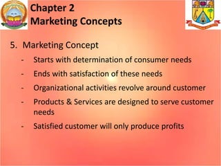 Chapter 2
Marketing Concepts
5. Marketing Concept
- Starts with determination of consumer needs
- Ends with satisfaction of these needs
- Organizational activities revolve around customer
- Products & Services are designed to serve customer
needs
- Satisfied customer will only produce profits
 