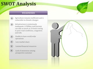 WEAKNESSES
Agriculture remains inefficient and is
vulnerable to climatic changes
Infrastructure is notoriously
inadequate. A 500km road journey
can take as much as 24 hours owing
to poor road conditions, congestion
and tolls
Unable to have world wide
operations
Low market share
Limited financial resources
Lack of awareness among
prospective customer
SWOT Analysis
 
