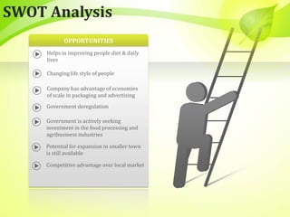 OPPORTUNITIES
Helps in improving people diet & daily
lives
Changing life style of people
Company has advantage of economies
of scale in packaging and advertising
Government is actively seeking
investment in the food processing and
agribusiness industries
Government deregulation
Potential for expansion in smaller town
is still available
Competitive advantage over local market
SWOT Analysis
 