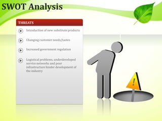 !
THREATS
Introduction of new substitute products
Changing customer needs/tastes
Increased government regulation
Logistical problems, underdeveloped
service networks and poor
infrastructure hinder development of
the industry
SWOT Analysis
 