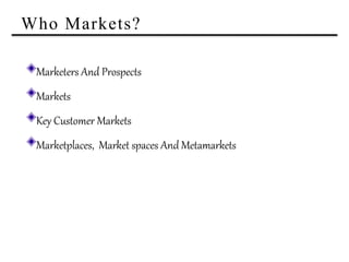 Who Markets?
Marketers And Prospects
Markets
Key Customer Markets
Marketplaces, Market spaces And Metamarkets
 