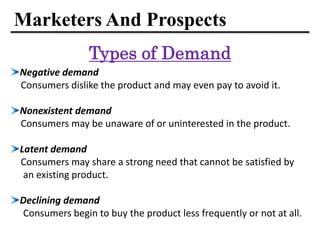 Marketers And Prospects
Negative demand
Consumers dislike the product and may even pay to avoid it.
Nonexistent demand
Consumers may be unaware of or uninterested in the product.
Latent demand
Consumers may share a strong need that cannot be satisfied by
an existing product.
Declining demand
Consumers begin to buy the product less frequently or not at all.
Types of Demand
 