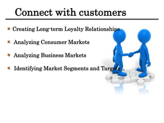 Connect with customers
Creating Long-term Loyalty Relationships
Analyzing Consumer Markets
Analyzing Business Markets
Identifying Market Segments and Targets
 