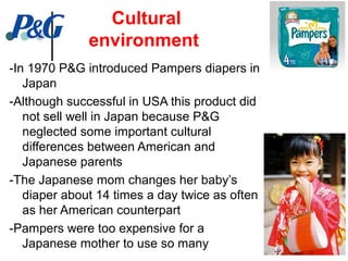 Cultural
environment
-In 1970 P&G introduced Pampers diapers in
Japan
-Although successful in USA this product did
not sell well in Japan because P&G
neglected some important cultural
differences between American and
Japanese parents
-The Japanese mom changes her baby’s
diaper about 14 times a day twice as often
as her American counterpart
-Pampers were too expensive for a
Japanese mother to use so many
 