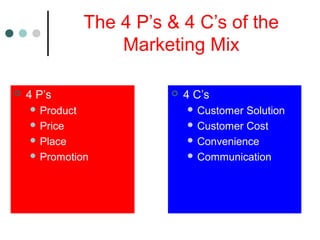 The 4 P’s & 4 C’s of the
Marketing Mix
 4 P’s
 Product
 Price
 Place
 Promotion
 4 C’s
 Customer Solution
 Customer Cost
 Convenience
 Communication
 