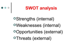 SWOT analysis
Strengths (internal)
Weaknesses (internal)
Opportunities (external)
Threats (external)
 