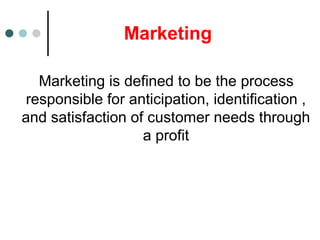 Marketing
Marketing is defined to be the process
responsible for anticipation, identification ,
and satisfaction of customer needs through
a profit
 