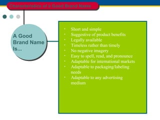 Characteristics of a Good Brand NameCharacteristics of a Good Brand Name
• Short and simple
• Suggestive of product benefits
• Legally available
• Timeless rather than timely
• No negative imagery
• Easy to spell, read, and pronounce
• Adaptable for international markets
• Adaptable to packaging/labeling
needs
• Adaptable to any advertising
medium
A Good
Brand Name
Is...
A Good
Brand Name
Is...
 