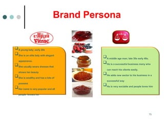 Brand Persona
75
A young lady; early 20s
She is an elite lady with elegant
appearance.
She usually wears dresses that
shows her beauty
She is wealthy and has a lots of
possess
Her name is very popular and all
people knows her
A middle age man; late 30s early 40s.
He is a successful business many who
can reach his clients easily.
He adds new sector to his business in a
successful way
He is very sociable and people loves him
 