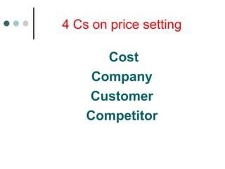 4 Cs on price setting
Cost
Company
Customer
Competitor
 