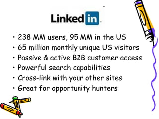• 238 MM users, 95 MM in the US
• 65 million monthly unique US visitors
• Passive & active B2B customer access
• Powerful search capabilities
• Cross-link with your other sites
• Great for opportunity hunters
 