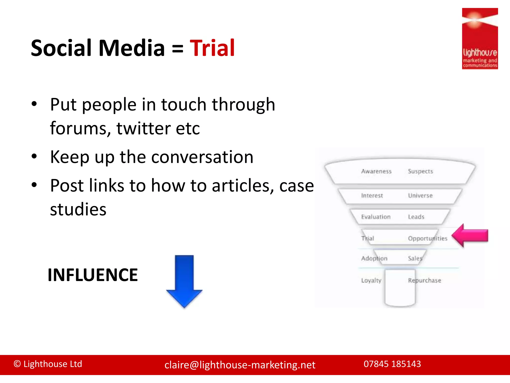 Social Media = TrialPut people in touch through forums, twitter etcKeep up the conversationPost links to how to articles, case studiesINFLUENCE 