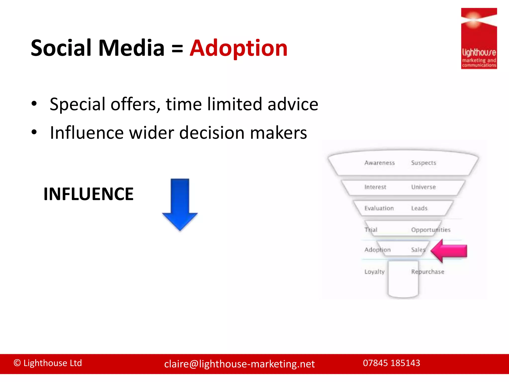 Social Media = AdoptionSpecial offers, time limited adviceInfluence wider decision makersINFLUENCE 