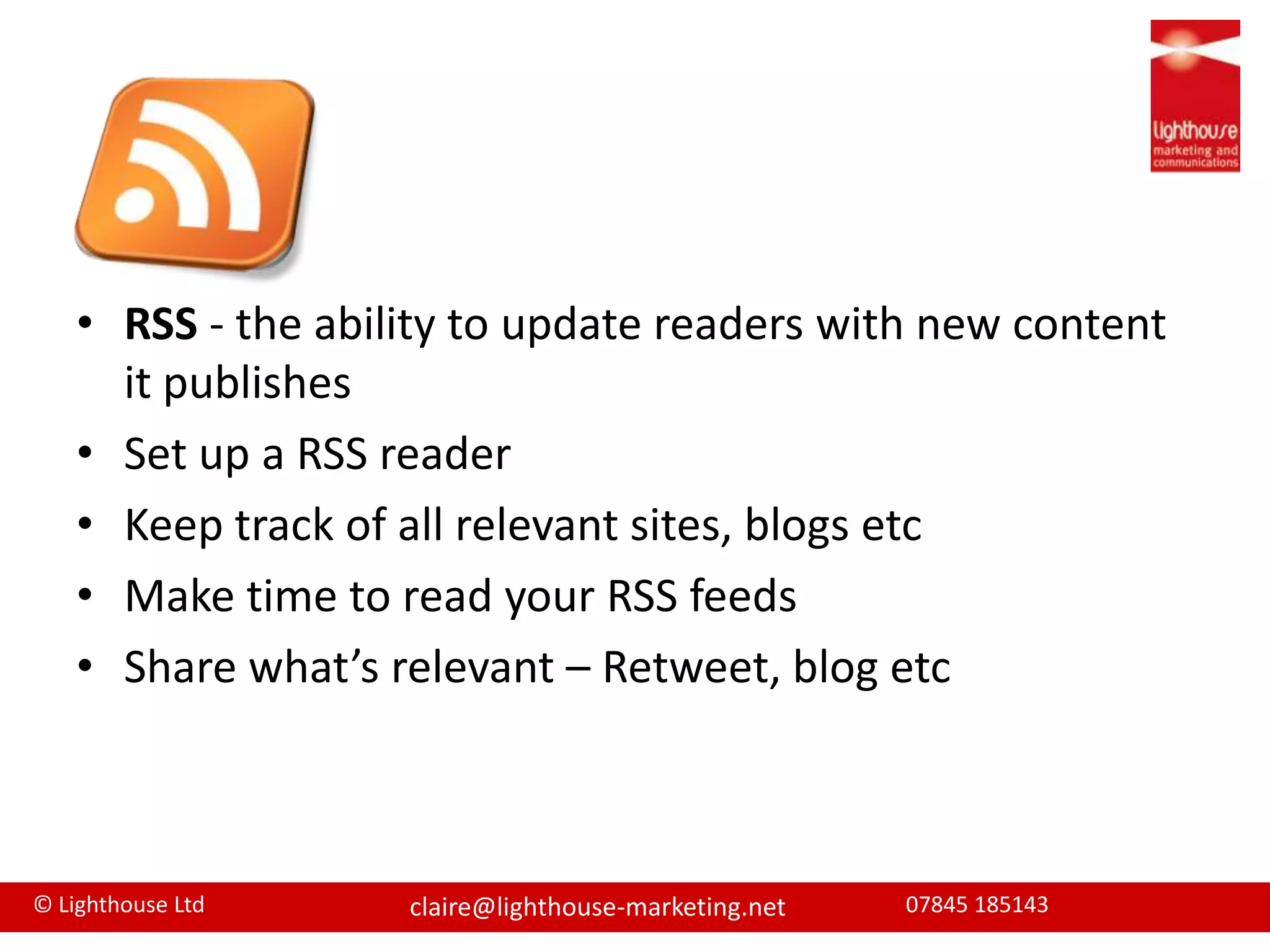 And the bad...Text only — pictures and video are shared through secondary links140 characters is challengingBusy with lots of “noise.” Stand-out very hardIncreasing spammersNeeds monitoring , users are very vocal