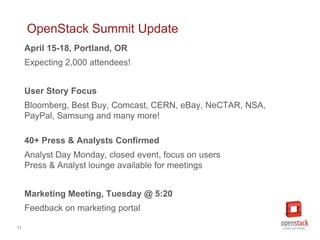 OpenStack Summit Update
     April 15-18, Portland, OR
     Expecting 2,000 attendees!


     User Story Focus
     Bloomb...