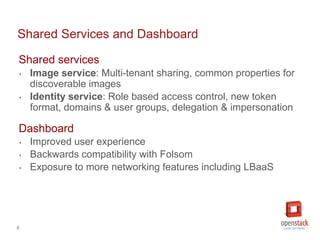 Shared Services and Dashboard

Shared services
‣   Image service: Multi-tenant sharing, common properties for
    discover...