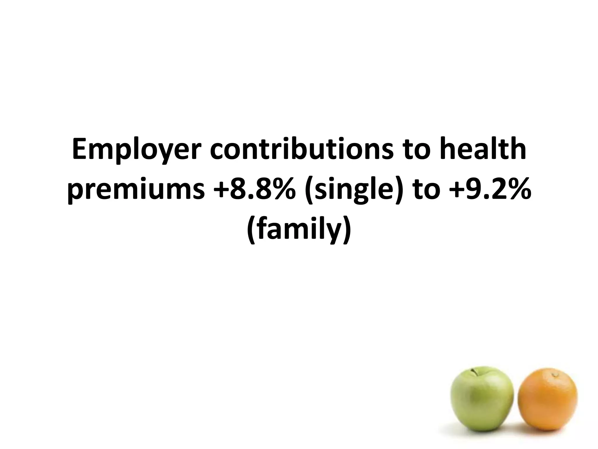Employer contributions to health premiums +8.8% (single) to +9.2% (family)