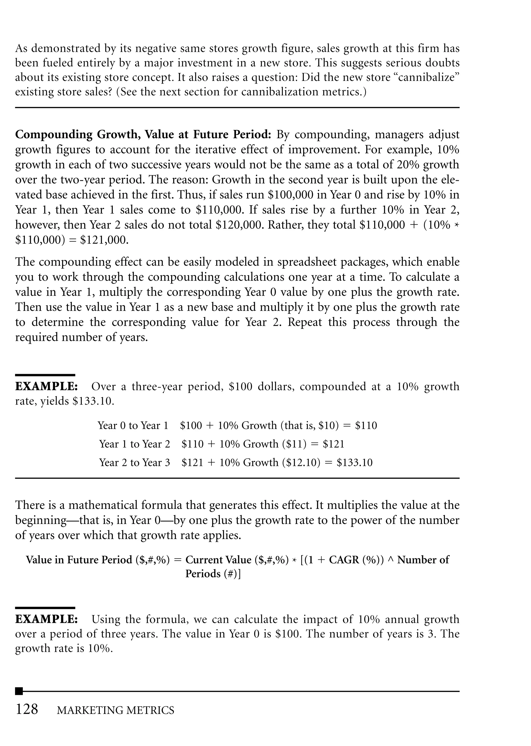 As demonstrated by its negative same stores growth figure, sales growth at this firm has
been fueled entirely by a major investment in a new store. This suggests serious doubts
about its existing store concept. It also raises a question: Did the new store “cannibalize”
existing store sales? (See the next section for cannibalization metrics.)


Compounding Growth, Value at Future Period: By compounding, managers adjust
growth figures to account for the iterative effect of improvement. For example, 10%
growth in each of two successive years would not be the same as a total of 20% growth
over the two-year period. The reason: Growth in the second year is built upon the ele-
vated base achieved in the first. Thus, if sales run $100,000 in Year 0 and rise by 10% in
Year 1, then Year 1 sales come to $110,000. If sales rise by a further 10% in Year 2,
however, then Year 2 sales do not total $120,000. Rather, they total $110,000 (10% *
$110,000) = $121,000.
The compounding effect can be easily modeled in spreadsheet packages, which enable
you to work through the compounding calculations one year at a time. To calculate a
value in Year 1, multiply the corresponding Year 0 value by one plus the growth rate.
Then use the value in Year 1 as a new base and multiply it by one plus the growth rate
to determine the corresponding value for Year 2. Repeat this process through the
required number of years.


EXAMPLE: Over a three-year period, $100 dollars, compounded at a 10% growth
rate, yields $133.10.

                 Year 0 to Year 1 $100   10% Growth (that is, $10)      $110
                 Year 1 to Year 2 $110    10% Growth ($11)       $121
                 Year 2 to Year 3 $121    10% Growth ($12.10)      $133.10


There is a mathematical formula that generates this effect. It multiplies the value at the
beginning—that is, in Year 0—by one plus the growth rate to the power of the number
of years over which that growth rate applies.
  Value in Future Period ($,#,%)   Current Value ($,#,%) * [(1    CAGR (%)) ^ Number of
                                   Periods (#)]


EXAMPLE: Using the formula, we can calculate the impact of 10% annual growth
over a period of three years. The value in Year 0 is $100. The number of years is 3. The
growth rate is 10%.




128     MARKETING METRICS
 