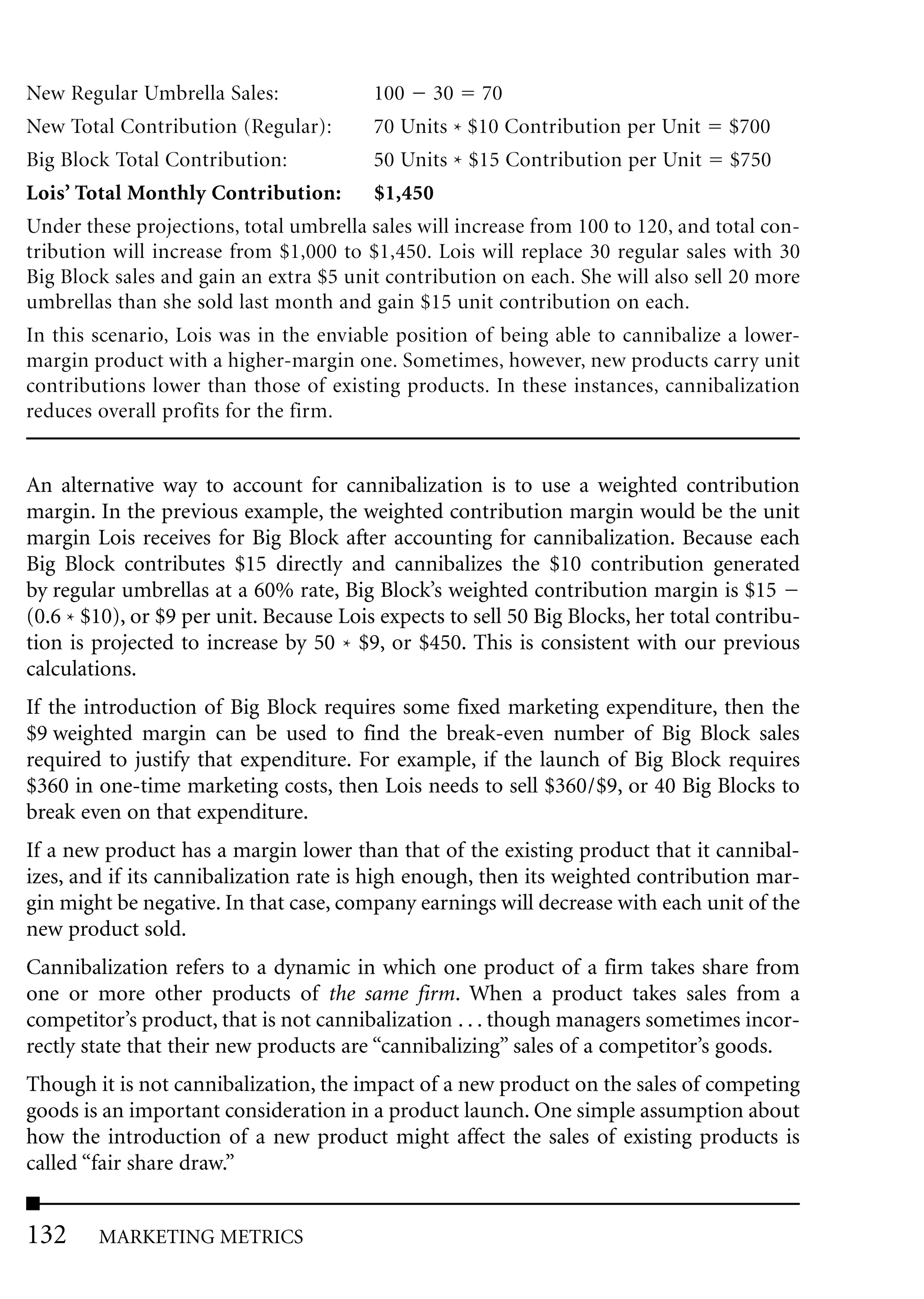 New Regular Umbrella Sales:              100    30    70
New Total Contribution (Regular):        70 Units * $10 Contribution per Unit      $700
Big Block Total Contribution:            50 Units * $15 Contribution per Unit      $750
Lois’ Total Monthly Contribution:        $1,450
Under these projections, total umbrella sales will increase from 100 to 120, and total con-
tribution will increase from $1,000 to $1,450. Lois will replace 30 regular sales with 30
Big Block sales and gain an extra $5 unit contribution on each. She will also sell 20 more
umbrellas than she sold last month and gain $15 unit contribution on each.
In this scenario, Lois was in the enviable position of being able to cannibalize a lower-
margin product with a higher-margin one. Sometimes, however, new products carry unit
contributions lower than those of existing products. In these instances, cannibalization
reduces overall profits for the firm.


An alternative way to account for cannibalization is to use a weighted contribution
margin. In the previous example, the weighted contribution margin would be the unit
margin Lois receives for Big Block after accounting for cannibalization. Because each
Big Block contributes $15 directly and cannibalizes the $10 contribution generated
by regular umbrellas at a 60% rate, Big Block’s weighted contribution margin is $15
(0.6 * $10), or $9 per unit. Because Lois expects to sell 50 Big Blocks, her total contribu-
tion is projected to increase by 50 * $9, or $450. This is consistent with our previous
calculations.
If the introduction of Big Block requires some fixed marketing expenditure, then the
$9 weighted margin can be used to find the break-even number of Big Block sales
required to justify that expenditure. For example, if the launch of Big Block requires
$360 in one-time marketing costs, then Lois needs to sell $360/$9, or 40 Big Blocks to
break even on that expenditure.
If a new product has a margin lower than that of the existing product that it cannibal-
izes, and if its cannibalization rate is high enough, then its weighted contribution mar-
gin might be negative. In that case, company earnings will decrease with each unit of the
new product sold.
Cannibalization refers to a dynamic in which one product of a firm takes share from
one or more other products of the same firm. When a product takes sales from a
competitor’s product, that is not cannibalization . . . though managers sometimes incor-
rectly state that their new products are “cannibalizing” sales of a competitor’s goods.
Though it is not cannibalization, the impact of a new product on the sales of competing
goods is an important consideration in a product launch. One simple assumption about
how the introduction of a new product might affect the sales of existing products is
called “fair share draw.”


132     MARKETING METRICS
 