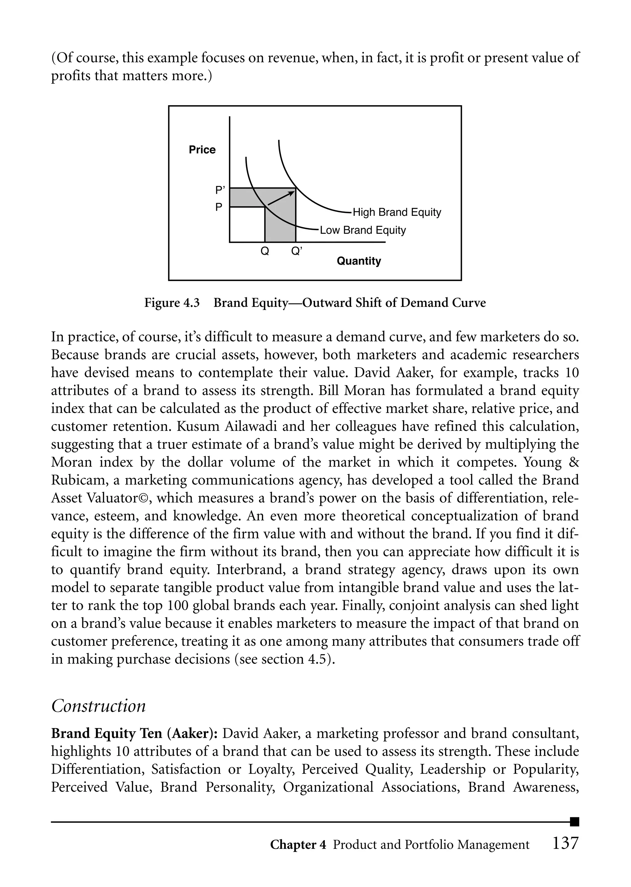 (Of course, this example focuses on revenue, when, in fact, it is profit or present value of
profits that matters more.)



                       Price


                            P’
                            P                         High Brand Equity
                                                Low Brand Equity
                                    Q      Q’
                                                   Quantity


                Figure 4.3 Brand Equity—Outward Shift of Demand Curve

In practice, of course, it’s difficult to measure a demand curve, and few marketers do so.
Because brands are crucial assets, however, both marketers and academic researchers
have devised means to contemplate their value. David Aaker, for example, tracks 10
attributes of a brand to assess its strength. Bill Moran has formulated a brand equity
index that can be calculated as the product of effective market share, relative price, and
customer retention. Kusum Ailawadi and her colleagues have refined this calculation,
suggesting that a truer estimate of a brand’s value might be derived by multiplying the
Moran index by the dollar volume of the market in which it competes. Young &
Rubicam, a marketing communications agency, has developed a tool called the Brand
Asset Valuator©, which measures a brand’s power on the basis of differentiation, rele-
vance, esteem, and knowledge. An even more theoretical conceptualization of brand
equity is the difference of the firm value with and without the brand. If you find it dif-
ficult to imagine the firm without its brand, then you can appreciate how difficult it is
to quantify brand equity. Interbrand, a brand strategy agency, draws upon its own
model to separate tangible product value from intangible brand value and uses the lat-
ter to rank the top 100 global brands each year. Finally, conjoint analysis can shed light
on a brand’s value because it enables marketers to measure the impact of that brand on
customer preference, treating it as one among many attributes that consumers trade off
in making purchase decisions (see section 4.5).


Construction
Brand Equity Ten (Aaker): David Aaker, a marketing professor and brand consultant,
highlights 10 attributes of a brand that can be used to assess its strength. These include
Differentiation, Satisfaction or Loyalty, Perceived Quality, Leadership or Popularity,
Perceived Value, Brand Personality, Organizational Associations, Brand Awareness,


                                        Chapter 4 Product and Portfolio Management     137
 