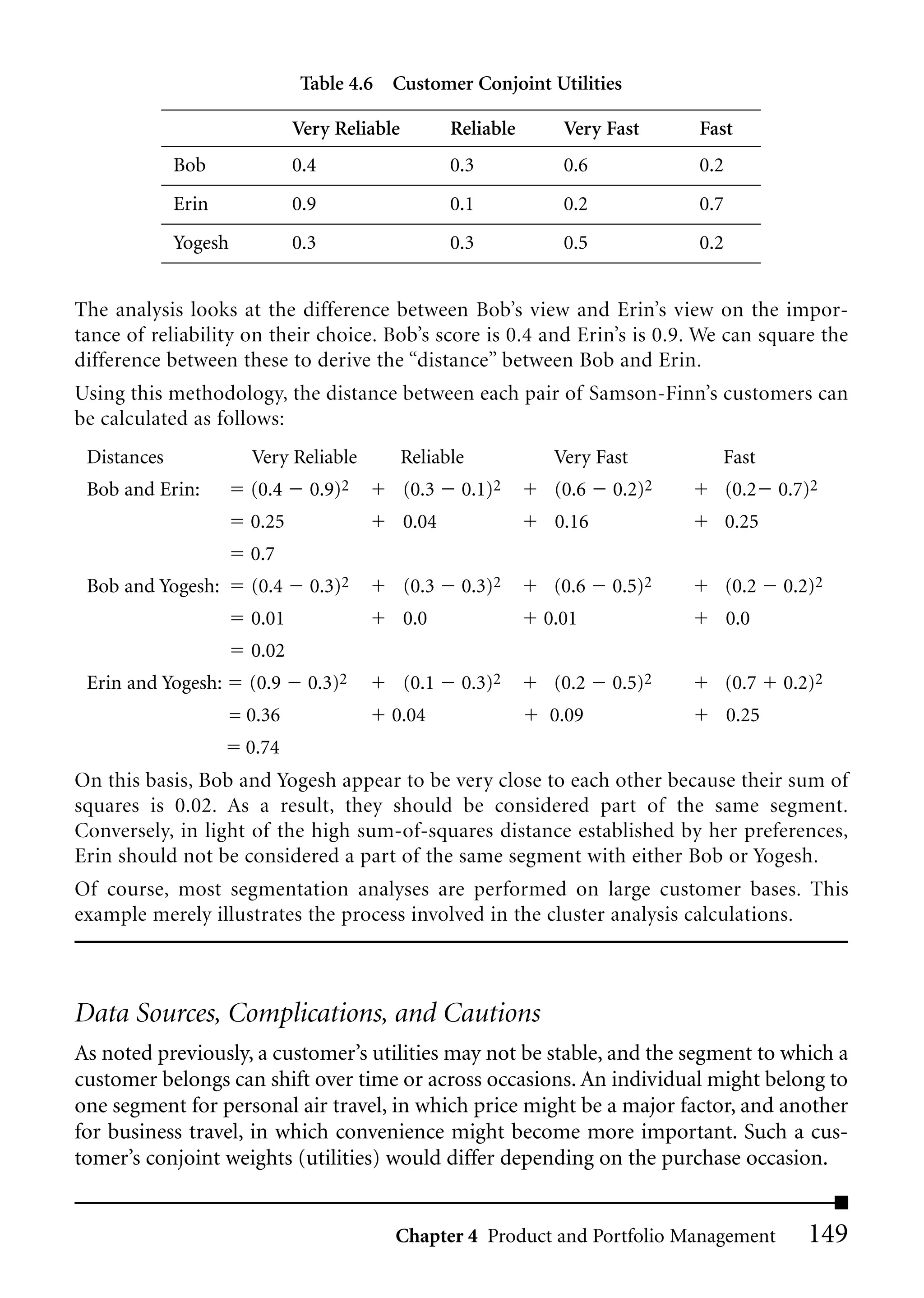 Table 4.6 Customer Conjoint Utilities

                               Very Reliable          Reliable     Very Fast     Fast
             Bob               0.4                    0.3          0.6           0.2
             Erin              0.9                    0.1          0.2           0.7
             Yogesh            0.3                    0.3          0.5           0.2


The analysis looks at the difference between Bob’s view and Erin’s view on the impor-
tance of reliability on their choice. Bob’s score is 0.4 and Erin’s is 0.9. We can square the
difference between these to derive the “distance” between Bob and Erin.
Using this methodology, the distance between each pair of Samson-Finn’s customers can
be calculated as follows:
 Distances              Very Reliable          Reliable           Very Fast        Fast
 Bob and Erin:          (0.4     0.9)2         (0.3    0.1)2      (0.6   0.2)2         (0.2   0.7)2
                        0.25                   0.04               0.16                 0.25
                        0.7
 Bob and Yogesh:        (0.4     0.3)2         (0.3    0.3)2      (0.6   0.5)2         (0.2   0.2)2
                        0.01                   0.0               0.01                  0.0
                        0.02
 Erin and Yogesh:       (0.9    0.3)2          (0.1    0.3)2      (0.2   0.5)2         (0.7   0.2)2
                      = 0.36               0.04                  0.09                  0.25
                       0.74
On this basis, Bob and Yogesh appear to be very close to each other because their sum of
squares is 0.02. As a result, they should be considered part of the same segment.
Conversely, in light of the high sum-of-squares distance established by her preferences,
Erin should not be considered a part of the same segment with either Bob or Yogesh.
Of course, most segmentation analyses are performed on large customer bases. This
example merely illustrates the process involved in the cluster analysis calculations.



Data Sources, Complications, and Cautions
As noted previously, a customer’s utilities may not be stable, and the segment to which a
customer belongs can shift over time or across occasions. An individual might belong to
one segment for personal air travel, in which price might be a major factor, and another
for business travel, in which convenience might become more important. Such a cus-
tomer’s conjoint weights (utilities) would differ depending on the purchase occasion.


                                           Chapter 4 Product and Portfolio Management            149
 