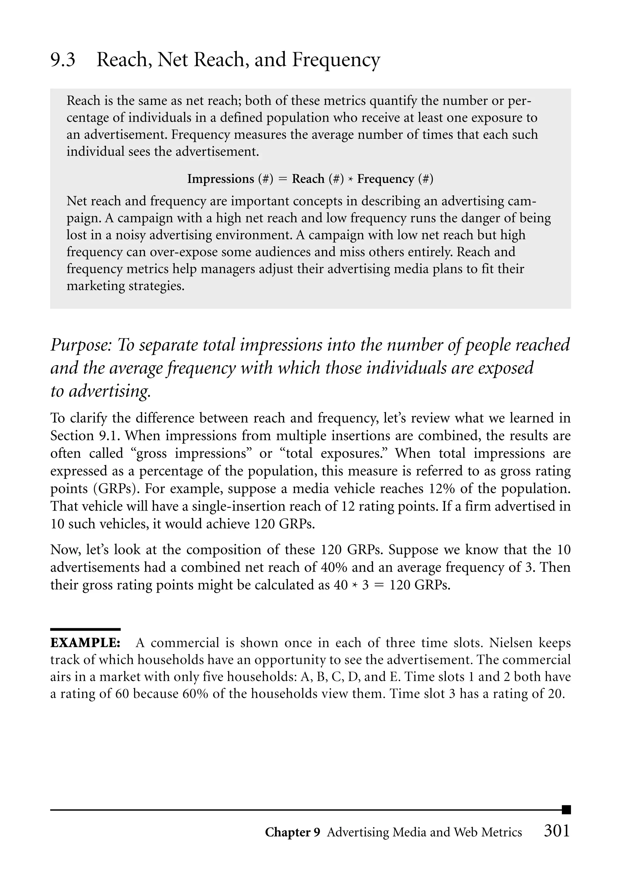 9.3 Reach, Net Reach, and Frequency
  Reach is the same as net reach; both of these metrics quantify the number or per-
  centage of individuals in a defined population who receive at least one exposure to
  an advertisement. Frequency measures the average number of times that each such
  individual sees the advertisement.
                        Impressions (#)   Reach (#) * Frequency (#)
  Net reach and frequency are important concepts in describing an advertising cam-
  paign. A campaign with a high net reach and low frequency runs the danger of being
  lost in a noisy advertising environment. A campaign with low net reach but high
  frequency can over-expose some audiences and miss others entirely. Reach and
  frequency metrics help managers adjust their advertising media plans to fit their
  marketing strategies.



Purpose: To separate total impressions into the number of people reached
and the average frequency with which those individuals are exposed
to advertising.
To clarify the difference between reach and frequency, let’s review what we learned in
Section 9.1. When impressions from multiple insertions are combined, the results are
often called “gross impressions” or “total exposures.” When total impressions are
expressed as a percentage of the population, this measure is referred to as gross rating
points (GRPs). For example, suppose a media vehicle reaches 12% of the population.
That vehicle will have a single-insertion reach of 12 rating points. If a firm advertised in
10 such vehicles, it would achieve 120 GRPs.
Now, let’s look at the composition of these 120 GRPs. Suppose we know that the 10
advertisements had a combined net reach of 40% and an average frequency of 3. Then
their gross rating points might be calculated as 40 * 3 120 GRPs.


EXAMPLE: A commercial is shown once in each of three time slots. Nielsen keeps
track of which households have an opportunity to see the advertisement. The commercial
airs in a market with only five households: A, B, C, D, and E. Time slots 1 and 2 both have
a rating of 60 because 60% of the households view them. Time slot 3 has a rating of 20.




                                     Chapter 9 Advertising Media and Web Metrics        301
 