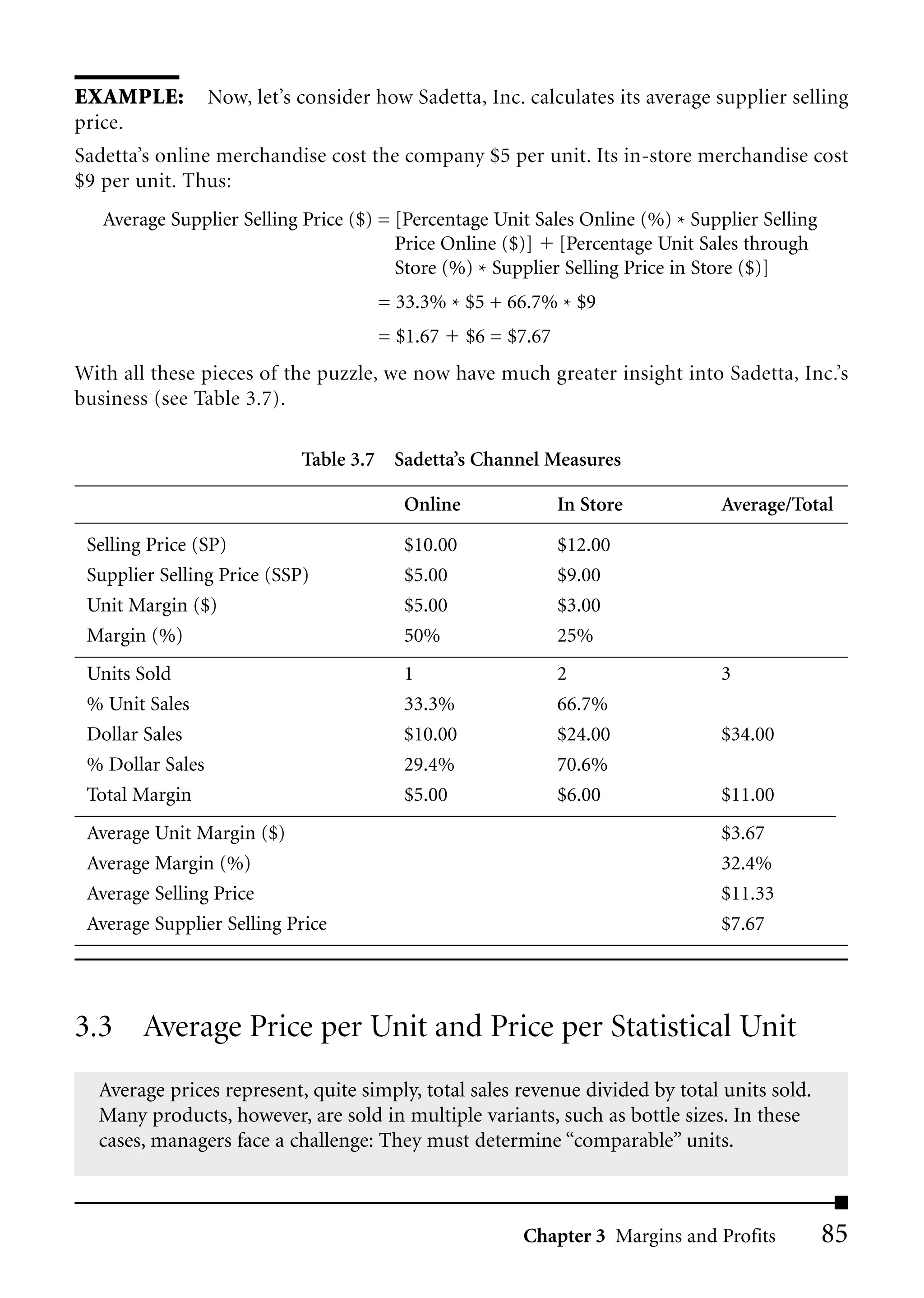 EXAMPLE: Now, let’s consider how Sadetta, Inc. calculates its average supplier selling
price.
Sadetta’s online merchandise cost the company $5 per unit. Its in-store merchandise cost
$9 per unit. Thus:
   Average Supplier Selling Price ($) = [Percentage Unit Sales Online (%) * Supplier Selling
                                        Price Online ($)] [Percentage Unit Sales through
                                        Store (%) * Supplier Selling Price in Store ($)]
                                      = 33.3% * $5 + 66.7% * $9
                                     = $1.67     $6 = $7.67
With all these pieces of the puzzle, we now have much greater insight into Sadetta, Inc.’s
business (see Table 3.7).

                            Table 3.7 Sadetta’s Channel Measures

                                        Online                In Store          Average/Total

 Selling Price (SP)                     $10.00                $12.00
 Supplier Selling Price (SSP)           $5.00                 $9.00
 Unit Margin ($)                        $5.00                 $3.00
 Margin (%)                             50%                   25%
 Units Sold                             1                     2                 3
 % Unit Sales                           33.3%                 66.7%
 Dollar Sales                           $10.00                $24.00            $34.00
 % Dollar Sales                         29.4%                 70.6%
 Total Margin                           $5.00                 $6.00             $11.00
 Average Unit Margin ($)                                                        $3.67
 Average Margin (%)                                                             32.4%
 Average Selling Price                                                          $11.33
 Average Supplier Selling Price                                                 $7.67




3.3 Average Price per Unit and Price per Statistical Unit
  Average prices represent, quite simply, total sales revenue divided by total units sold.
  Many products, however, are sold in multiple variants, such as bottle sizes. In these
  cases, managers face a challenge: They must determine “comparable” units.



                                                       Chapter 3 Margins and Profits           85
 