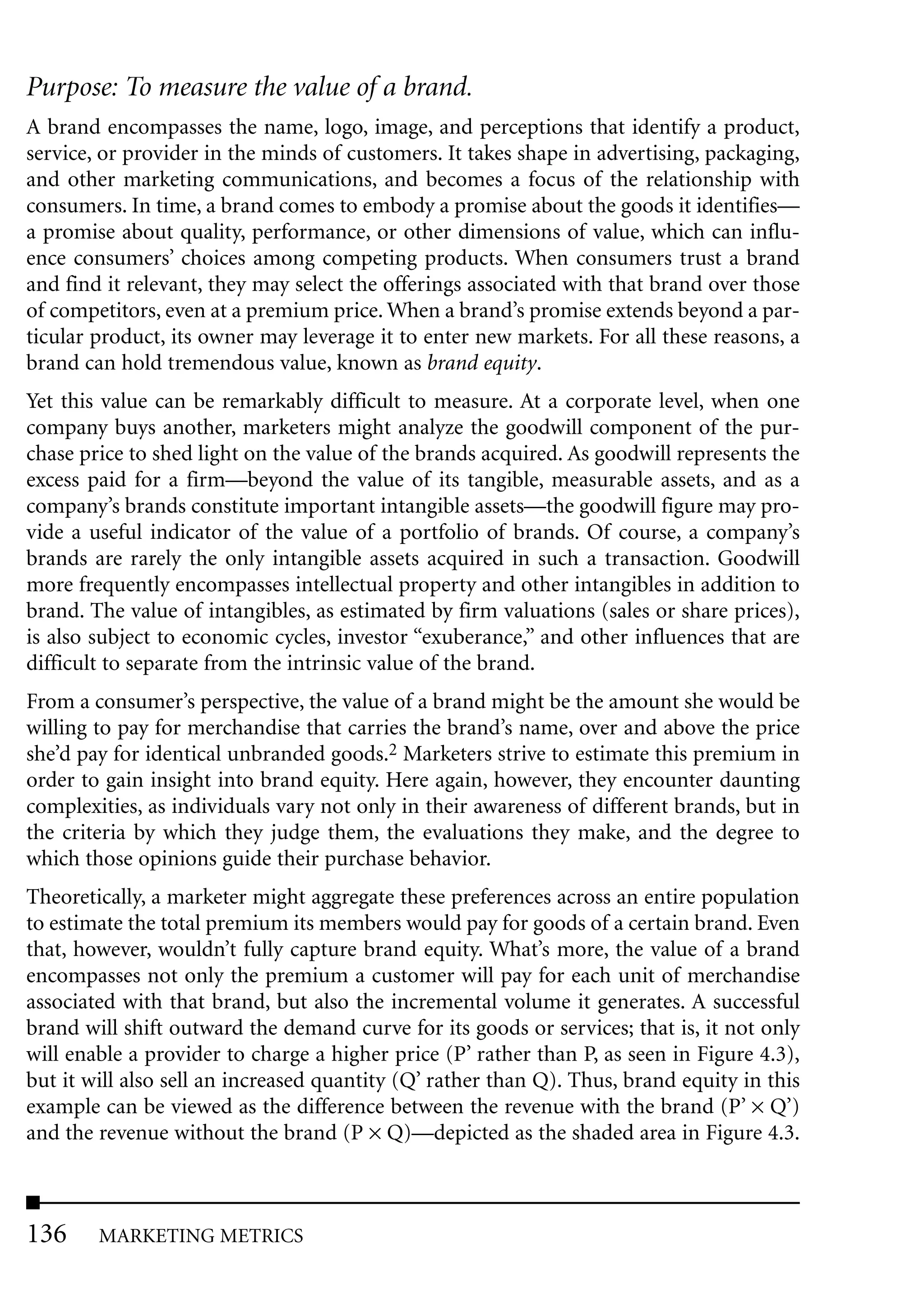Purpose: To measure the value of a brand.
A brand encompasses the name, logo, image, and perceptions that identify a product,
service, or provider in the minds of customers. It takes shape in advertising, packaging,
and other marketing communications, and becomes a focus of the relationship with
consumers. In time, a brand comes to embody a promise about the goods it identifies—
a promise about quality, performance, or other dimensions of value, which can influ-
ence consumers’ choices among competing products. When consumers trust a brand
and find it relevant, they may select the offerings associated with that brand over those
of competitors, even at a premium price. When a brand’s promise extends beyond a par-
ticular product, its owner may leverage it to enter new markets. For all these reasons, a
brand can hold tremendous value, known as brand equity.
Yet this value can be remarkably difficult to measure. At a corporate level, when one
company buys another, marketers might analyze the goodwill component of the pur-
chase price to shed light on the value of the brands acquired. As goodwill represents the
excess paid for a firm—beyond the value of its tangible, measurable assets, and as a
company’s brands constitute important intangible assets—the goodwill figure may pro-
vide a useful indicator of the value of a portfolio of brands. Of course, a company’s
brands are rarely the only intangible assets acquired in such a transaction. Goodwill
more frequently encompasses intellectual property and other intangibles in addition to
brand. The value of intangibles, as estimated by firm valuations (sales or share prices),
is also subject to economic cycles, investor “exuberance,” and other influences that are
difficult to separate from the intrinsic value of the brand.
From a consumer’s perspective, the value of a brand might be the amount she would be
willing to pay for merchandise that carries the brand’s name, over and above the price
she’d pay for identical unbranded goods.2 Marketers strive to estimate this premium in
order to gain insight into brand equity. Here again, however, they encounter daunting
complexities, as individuals vary not only in their awareness of different brands, but in
the criteria by which they judge them, the evaluations they make, and the degree to
which those opinions guide their purchase behavior.
Theoretically, a marketer might aggregate these preferences across an entire population
to estimate the total premium its members would pay for goods of a certain brand. Even
that, however, wouldn’t fully capture brand equity. What’s more, the value of a brand
encompasses not only the premium a customer will pay for each unit of merchandise
associated with that brand, but also the incremental volume it generates. A successful
brand will shift outward the demand curve for its goods or services; that is, it not only
will enable a provider to charge a higher price (P’ rather than P, as seen in Figure 4.3),
but it will also sell an increased quantity (Q’ rather than Q). Thus, brand equity in this
example can be viewed as the difference between the revenue with the brand (P’ × Q’)
and the revenue without the brand (P × Q)—depicted as the shaded area in Figure 4.3.



136     MARKETING METRICS
 