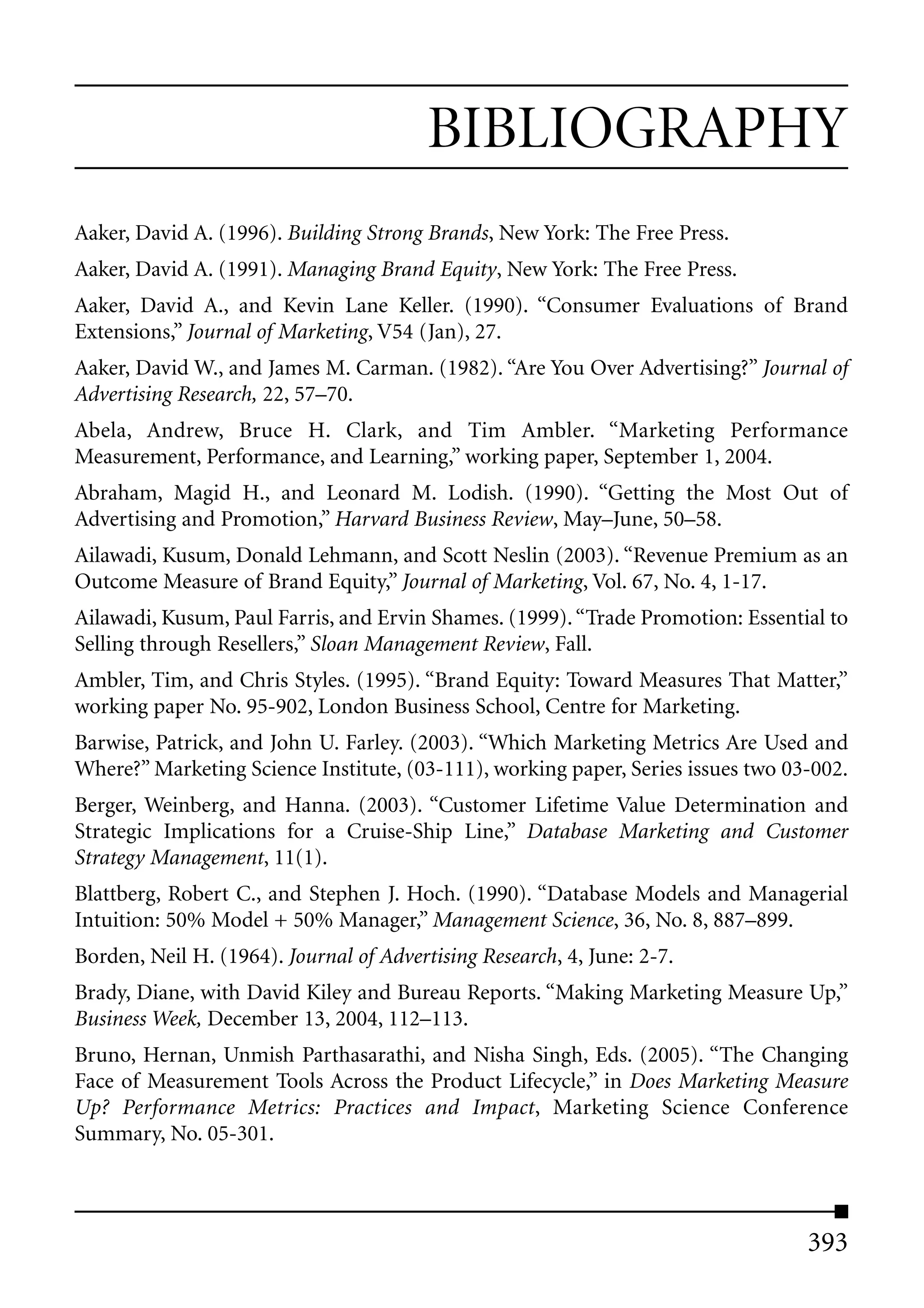 BIBLIOGRAPHY
Aaker, David A. (1996). Building Strong Brands, New York: The Free Press.
Aaker, David A. (1991). Managing Brand Equity, New York: The Free Press.
Aaker, David A., and Kevin Lane Keller. (1990). “Consumer Evaluations of Brand
Extensions,” Journal of Marketing, V54 (Jan), 27.
Aaker, David W., and James M. Carman. (1982). “Are You Over Advertising?” Journal of
Advertising Research, 22, 57–70.
Abela, Andrew, Bruce H. Clark, and Tim Ambler. “Marketing Performance
Measurement, Performance, and Learning,” working paper, September 1, 2004.
Abraham, Magid H., and Leonard M. Lodish. (1990). “Getting the Most Out of
Advertising and Promotion,” Harvard Business Review, May–June, 50–58.
Ailawadi, Kusum, Donald Lehmann, and Scott Neslin (2003). “Revenue Premium as an
Outcome Measure of Brand Equity,” Journal of Marketing, Vol. 67, No. 4, 1-17.
Ailawadi, Kusum, Paul Farris, and Ervin Shames. (1999). “Trade Promotion: Essential to
Selling through Resellers,” Sloan Management Review, Fall.
Ambler, Tim, and Chris Styles. (1995). “Brand Equity: Toward Measures That Matter,”
working paper No. 95-902, London Business School, Centre for Marketing.
Barwise, Patrick, and John U. Farley. (2003). “Which Marketing Metrics Are Used and
Where?” Marketing Science Institute, (03-111), working paper, Series issues two 03-002.
Berger, Weinberg, and Hanna. (2003). “Customer Lifetime Value Determination and
Strategic Implications for a Cruise-Ship Line,” Database Marketing and Customer
Strategy Management, 11(1).
Blattberg, Robert C., and Stephen J. Hoch. (1990). “Database Models and Managerial
Intuition: 50% Model + 50% Manager,” Management Science, 36, No. 8, 887–899.
Borden, Neil H. (1964). Journal of Advertising Research, 4, June: 2-7.
Brady, Diane, with David Kiley and Bureau Reports. “Making Marketing Measure Up,”
Business Week, December 13, 2004, 112–113.
Bruno, Hernan, Unmish Parthasarathi, and Nisha Singh, Eds. (2005). “The Changing
Face of Measurement Tools Across the Product Lifecycle,” in Does Marketing Measure
Up? Performance Metrics: Practices and Impact, Marketing Science Conference
Summary, No. 05-301.



                                                                                  393
 
