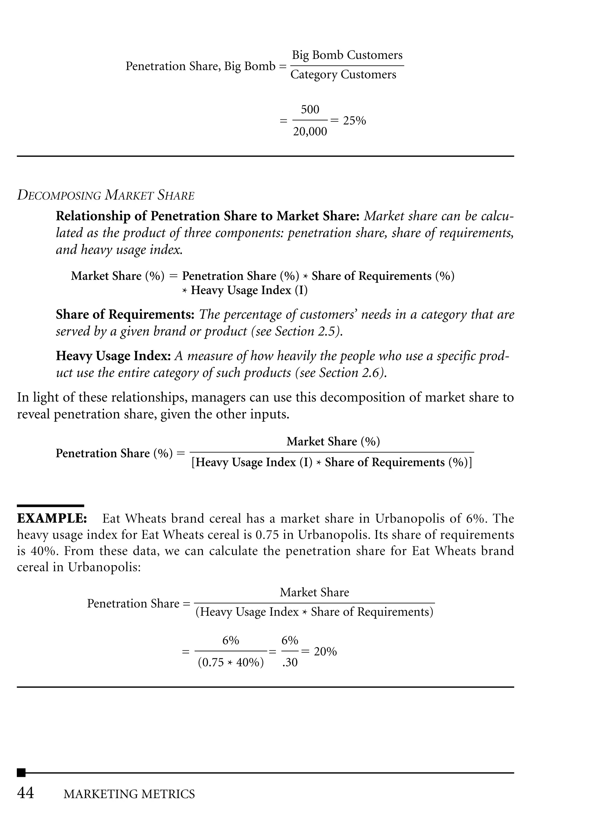 Big Bomb Customers
                   Penetration Share, Big Bomb =
                                                          Category Customers

                                                            500
                                                      =             25%
                                                          20,000



DECOMPOSING MARKET SHARE
      Relationship of Penetration Share to Market Share: Market share can be calcu-
      lated as the product of three components: penetration share, share of requirements,
      and heavy usage index.
         Market Share (%)     Penetration Share (%) * Share of Requirements (%)
                              * Heavy Usage Index (I)
      Share of Requirements: The percentage of customers’ needs in a category that are
      served by a given brand or product (see Section 2.5).
      Heavy Usage Index: A measure of how heavily the people who use a specific prod-
      uct use the entire category of such products (see Section 2.6).
In light of these relationships, managers can use this decomposition of market share to
reveal penetration share, given the other inputs.
                                                      Market Share (%)
      Penetration Share (%)
                                  [Heavy Usage Index (I) * Share of Requirements (%)]



EXAMPLE: Eat Wheats brand cereal has a market share in Urbanopolis of 6%. The
heavy usage index for Eat Wheats cereal is 0.75 in Urbanopolis. Its share of requirements
is 40%. From these data, we can calculate the penetration share for Eat Wheats brand
cereal in Urbanopolis:
                                                 Market Share
            Penetration Share =
                                  (Heavy Usage Index * Share of Requirements)

                                       6%             6%
                              =                   =           20%
                                   (0.75 * 40%)       .30




44      MARKETING METRICS
 