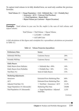 To capture total volume in its fully detailed form, we need only combine the previous
formulas.
   Total Volume (#)    [Target Population * ((0.8 * Definitely Buy 0.3 * Probably Buy)
                       * Awareness * ACV) * Units per Trial Purchase]
                          [(Trial Population * Repeat Rate)
                       * Repeat Volume per Customer * Repeat Occasions]



Example: Total volume in year one for the stapler is the sum of trial volume and
repeat volume.

                       Total Volume    Trial Volume      Repeat Volume
                                       2,232,000     1,785,600
                                       4,017,600 Units
A full calculation of this figure and a template for a spreadsheet calculation are presented
in Table 4.2.

                           Table 4.2 Volume Projection Spreadsheet

 Preliminary Data                           Source

 Definitely Will Buy                        Customer Survey                     20%

 Probably Will Buy                          Customer Survey                     50%

 Likely Buyers
 Likely Buyers from Definites                 Definitely Buy * 80%              16%
 Likely Buyers from Probables                 Probably Buy * 30%                15%
 Trial Rate (%)                             Total of Likely Buyers              31%

 Marketing Adjustments
 Awareness                                  Estimated from Marketing Plan       60%
 ACV                                        Estimated from Marketing Plan       60%
 Adjusted Trial Rate (%)                      Trial Rate * Awareness * ACV      11.2%
 Target Population (#) (thousands)          Marketing Plan Data                 20,000
 Trial Population (#) (thousands)              Target Population * Adjusted     2,232
                                            Trial Rate
                                                                                  Continues




                                       Chapter 4 Product and Portfolio Management        119
 