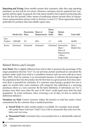 Repeating and Trying: Some models assume that customers, after they stop repeating
purchases, are lost and do not return. However, customers may be acquired, lost, reac-
quired, and lost again. In general, the trial-repeat model is best suited to projecting sales
over the first few periods. Other means of predicting volume include share of require-
ments and penetration metrics (refer to Sections 2.4 and 2.5). Those approaches may be
preferable for products that lack reliable repeat rates.


                                                 Heavy
                        Penetration Share of     Usage           Market
            Market Size Share       Requirements Index           Share          Units Sold

 New
 Product    1,000,000    5%           80%             1.2        4.8%           48,000

 Source     Estimated    Estimated    Estimated       Estimated Penetration  Share *
                                                                Share *      Market Size
                                                                Share of
                                                                Requirements
                                                                * Heavy
                                                                Usage Index


Related Metrics and Concepts
Ever-Tried: This is slightly different from trial in that it measures the percentage of the
target population that has “ever” (in any previous period) purchased or consumed the
product under study. Ever-tried is a cumulative measure and can never add up to more
than 100%. Trial, by contrast, is an incremental measure. It indicates the percentage of
the population that tries the product for the first time in a given period. Even here, how-
ever, there is potential for confusion. If a customer stops buying a product but tries it
again six months later, some marketers will categorize that individual as a returning
purchaser, others as a new customer. By the latter definition, if individuals can “try” a
product more than once, then the sum of all “triers” could equal more than the total
population. To avoid confusion, when reviewing a set of data, it’s best to clarify the
definitions behind it.
Variations on Trial: Certain scenarios reduce the barriers to trial but entail a lower
commitment by the customer than a standard purchase.
    ■   Forced Trial: No other similar product is available. For example, many people
        who prefer Pepsi-Cola have “tried” Coca-Cola in restaurants that only serve the
        latter, and vice versa.
    ■   Discounted Trial: Consumers buy a new product but at a substantially reduced
        price.


124       MARKETING METRICS
 