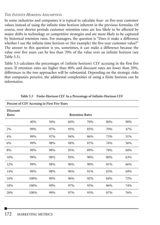THE INFINITE HORIZON ASSUMPTION
In some industries and companies it is typical to calculate four- or five-year customer
values instead of using the infinite time horizon inherent in the previous formulas. Of
course, over shorter periods customer retention rates are less likely to be affected by
major shifts in technology or competitive strategies and are more likely to be captured
by historical retention rates. For managers, the question is “Does it make a difference
whether I use the infinite time horizon or (for example) the five-year customer value?”
The answer to this question is yes, sometimes, it can make a difference because the
value over five years can be less than 70% of the value over an infinite horizon (see
Table 5.3).
Table 5.3 calculates the percentages of (infinite horizon) CLV accruing in the first five
years. If retention rates are higher than 80% and discount rates are lower than 20%,
differences in the two approaches will be substantial. Depending on the strategic risks
that companies perceive, the additional complexities of using a finite horizon can be
informative.


            Table 5.3 Finite-Horizon CLV As a Percentage of Infinite-Horizon CLV

 Percent of CLV Accruing in First Five Years

 Discount
 Rates                                         Retention Rates

                  40%         50%              60%        70%       80%            90%

 2%               99%         97%              93%        85%       70%            47%

 4%               99%         97%              94%        86%       73%            51%
 6%               99%         98%              94%        87%       76%            56%

 8%               99%         98%              95%        89%       78%            60%

 10%              99%         98%              95%        90%       80%            63%

 12%              99%         98%              96%        90%       81%            66%

 14%              99%         98%              96%        91%       83%            69%

 16%             100%         99%              96%        92%       84%            72%

 18%             100%         99%              97%        93%       86%            74%

 20%             100%         99%              97%        93%       87%            76%




172     MARKETING METRICS
 