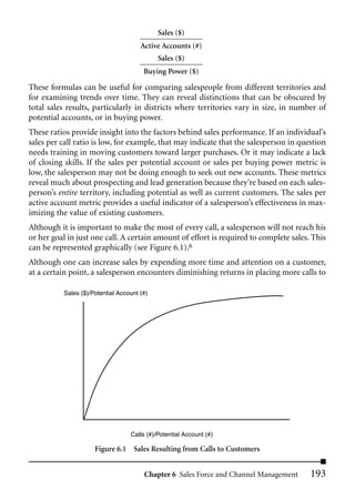 Sales ($)
                                      Active Accounts (#)
                                            Sales ($)
                                       Buying Power ($)

These formulas can be useful for comparing salespeople from different territories and
for examining trends over time. They can reveal distinctions that can be obscured by
total sales results, particularly in districts where territories vary in size, in number of
potential accounts, or in buying power.
These ratios provide insight into the factors behind sales performance. If an individual’s
sales per call ratio is low, for example, that may indicate that the salesperson in question
needs training in moving customers toward larger purchases. Or it may indicate a lack
of closing skills. If the sales per potential account or sales per buying power metric is
low, the salesperson may not be doing enough to seek out new accounts. These metrics
reveal much about prospecting and lead generation because they’re based on each sales-
person’s entire territory, including potential as well as current customers. The sales per
active account metric provides a useful indicator of a salesperson’s effectiveness in max-
imizing the value of existing customers.
Although it is important to make the most of every call, a salesperson will not reach his
or her goal in just one call. A certain amount of effort is required to complete sales. This
can be represented graphically (see Figure 6.1).6
Although one can increase sales by expending more time and attention on a customer,
at a certain point, a salesperson encounters diminishing returns in placing more calls to

          Sales ($)/Potential Account (#)




                                  Calls (#)/Potential Account (#)

                     Figure 6.1 Sales Resulting from Calls to Customers


                                       Chapter 6 Sales Force and Channel Management    193
 