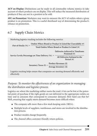 ACV on Display: Distinctions can be made in all commodity volume metrics to take
account of where products are on display. This will reduce the measured distribution of
products if they are not in a position to be sold.
AVC on Promotion: Marketers may want to measure the ACV of outlets where a given
product is on promotion. This is a useful shorthand way of determining the product’s
reliance on promotion.


6.7 Supply Chain Metrics
  Marketing logistics tracking includes the following metrics:
                          Outlets Where Brand or Product Is Listed But Unavailable (#)
    Out-of-Stocks (%)
                               Total Outlets Where Brand or Product Is Listed (#)

                                                     Deliveries Achieved in Timeframe
                                                                Promised (#)
  Service Levels; Percentage on Time Delivery (%)
                                                       All Deliveries Initiated in the
                                                                 Period (#)
                                              Product Revenues ($)
                        Inventory Turns (I)
                                              Average Inventory ($)

  Logistics tracking helps ensure that companies are meeting demand efficiently and
  effectively.



Purpose: To monitor the effectiveness of an organization in managing
the distribution and logistics process.
Logistics are where the marketing rubber meets the road. A lot can be lost at the poten-
tial point-of-purchase if the right goods are not delivered to the appropriate outlets on
time and in amounts that correspond to consumer demand. How hard can that be?
Well, ensuring that supply meets demand becomes more difficult when:
    ■   The company sells more than a few stock keeping units (SKUs).
    ■   Multiple levels of suppliers, warehouses, and stores are involved in the distribu-
        tion process.
    ■   Product models change frequently.
    ■   The channel offers customer-friendly return policies.



                                   Chapter 6 Sales Force and Channel Management          209
 