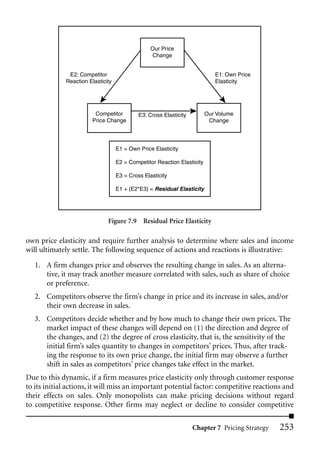 Our Price
                                                 Change


              E2: Competitor                                                E1: Own Price
             Reaction Elasticity                                            Elasticity




                         Competitor         E3: Cross Elasticity         Our Volume
                        Price Change                                      Change




                                   E1 = Own Price Elasticity

                                   E2 = Competitor Reaction Elasticity

                                   E3 = Cross Elasticity

                                   E1 + (E2*E3) = Residual Elasticity




                              Figure 7.9 Residual Price Elasticity

own price elasticity and require further analysis to determine where sales and income
will ultimately settle. The following sequence of actions and reactions is illustrative:

   1. A firm changes price and observes the resulting change in sales. As an alterna-
      tive, it may track another measure correlated with sales, such as share of choice
      or preference.
   2. Competitors observe the firm’s change in price and its increase in sales, and/or
      their own decrease in sales.
   3. Competitors decide whether and by how much to change their own prices. The
      market impact of these changes will depend on (1) the direction and degree of
      the changes, and (2) the degree of cross elasticity, that is, the sensitivity of the
      initial firm’s sales quantity to changes in competitors’ prices. Thus, after track-
      ing the response to its own price change, the initial firm may observe a further
      shift in sales as competitors’ price changes take effect in the market.
Due to this dynamic, if a firm measures price elasticity only through customer response
to its initial actions, it will miss an important potential factor: competitive reactions and
their effects on sales. Only monopolists can make pricing decisions without regard
to competitive response. Other firms may neglect or decline to consider competitive

                                                                   Chapter 7 Pricing Strategy   253
 