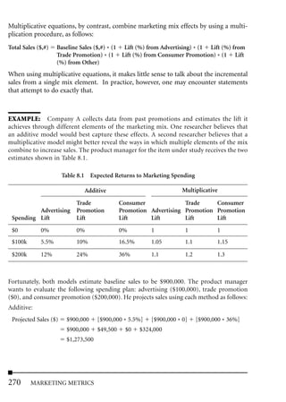 Multiplicative equations, by contrast, combine marketing mix effects by using a multi-
plication procedure, as follows:
Total Sales ($,#)   Baseline Sales ($,#) * (1 Lift (%) from Advertising) * (1 Lift (%) from
                    Trade Promotion) * (1 Lift (%) from Consumer Promotion) * (1 Lift
                    (%) from Other)
When using multiplicative equations, it makes little sense to talk about the incremental
sales from a single mix element. In practice, however, one may encounter statements
that attempt to do exactly that.



EXAMPLE: Company A collects data from past promotions and estimates the lift it
achieves through different elements of the marketing mix. One researcher believes that
an additive model would best capture these effects. A second researcher believes that a
multiplicative model might better reveal the ways in which multiple elements of the mix
combine to increase sales. The product manager for the item under study receives the two
estimates shown in Table 8.1.

                       Table 8.1 Expected Returns to Marketing Spending

                               Additive                                Multiplicative

                            Trade              Consumer              Trade     Consumer
          Advertising       Promotion          Promotion Advertising Promotion Promotion
 Spending Lift              Lift               Lift      Lift        Lift      Lift
 $0          0%             0%                 0%          1            1            1
 $100k       5.5%           10%                16.5%       1.05         1.1          1.15

 $200k       12%            24%                36%         1.1          1.2          1.3



Fortunately, both models estimate baseline sales to be $900,000. The product manager
wants to evaluate the following spending plan: advertising ($100,000), trade promotion
($0), and consumer promotion ($200,000). He projects sales using each method as follows:
Additive:
 Projected Sales ($)    $900,000     [$900,000 * 5.5%]     [$900,000 * 0]     [$900,000 * 36%]
                        $900,000     $49,500     $0    $324,000
                        $1,273,500




270      MARKETING METRICS
 