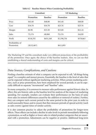 Table 8.2 Baseline Matters When Considering Profitability

                                   Consultant                         VP Marketing
                          Promotion         Baseline       Promotion                 Baseline

 Price                    $41.60            $48.00         $41.60                    $48.00
 Cost                     $34.70            $34.70         $25.76                    $25.76

 Margin                   $6.90             $13.30         $15.84                    $22.24

 Sales                    75,174            48,960         75,174                    26,028

 Profit                   $518,701          $651,168       $1,190,756                $578,863

 Profitability of
 Promotion                ($132,467)                       $611,893



The Marketing VP and the consultant make very different projections of the profitability
of the promotion. Once again, the choice of the baseline matters. Also, we can see that
establishing a shared understanding of costs and margins can be critical.



Data Sources, Complications, and Cautions
Finding a baseline estimate of what a company can be expected to sell, “all things being
equal,” is a complex and inexact process. Essentially, the baseline is the level of sales that
can be expected without significant marketing activities. When certain marketing activ-
ities, such as price promotions, have been employed for several periods, it can be espe-
cially difficult to separate “incremental” and “baseline” sales.
In many companies, it is common to measure sales performance against historic data. In
effect, this sets historic sales as the baseline level for analysis of the impact of marketing
spending. For example, retailers can evaluate their performance on the basis of same
store sales (to remove differences caused by the addition or removal of outlets). Further,
they can compare each current period to the same period in the prior year, in order to
avoid seasonality biases and to ensure that they measure periods of special activity (such
as sales events) against times of similar activity.
It is also common practice to adjust the profitability of promotions for longer-term
effects. These effects can include a decline in sales levels in periods immediately following
a promotion, as well as higher or lower sales in related product categories that are associ-
ated with a promotion. Adjustments can be negative or positive. Additional long-term



                                                               Chapter 8 Promotion            273
 
