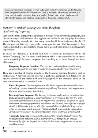 Frequency response functions are not technically considered metrics. Understanding
  how people respond to the frequency of their exposure to advertising, however, is a
  vital part of media planning. Response models directly determine calculations of
  effective frequency and effective reach, metrics discussed in Section 9.5.



Purpose: To establish assumptions about the effects
of advertising frequency.
Let’s assume that a company has developed a message for an advertising campaign, and
that its managers feel confident that appropriate media for the campaign have been
selected. Now they must decide: How many times should the advertisement be placed?
The company wants to buy enough advertising space to ensure that its message is effec-
tively conveyed, but it also wants to ensure that it doesn’t waste money on unnecessary
impressions.
To make this decision, a marketer will have to make an assumption about the
value of frequency. This is a major consideration: What is the assumed value of repeti-
tion in advertising? Frequency response functions help us to think through the value
of frequency.
      Frequency Response Function: The expected relationship between advertising
      outcomes (usually in unit sales or dollar revenues) and advertising frequency.
There are a number of possible models for the frequency response functions used in
media plans. A selection among these for a particular campaign will depend on the
product advertised, the media used, and the judgment of the marketer. Three of the
most common models are described next.
      Linear Response: The assumption behind a linear response function is that each
      advertising exposure is equally valuable, regardless of how many other exposures to
      the same advertising have preceded it.
      Learning Curve Response: The learning or S curve model rests on the assumption
      that a consumer’s response to advertising follows a progression: The first few times
      an advertisement is shown, it does not register with its intended audience. As repeti-
      tion occurs, the message permeates its audience and becomes more effective as people
      absorb it. Ultimately, however, this effectiveness declines, and diminishing returns
      set in. At this stage, marketers believe that individuals who want the information
      already have it and can’t be influenced further; others simply are not interested.
      Threshold Response: The assumption behind this model is that advertising has
      no effect until its exposure reaches a certain level. At that point, its message
      becomes fully effective. Beyond that point, further advertising is unnecessary and
      would be wasted.


306     MARKETING METRICS
 