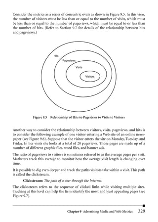 Consider the metrics as a series of concentric ovals as shown in Figure 9.5. In this view,
the number of visitors must be less than or equal to the number of visits, which must
be less than or equal to the number of pageviews, which must be equal to or less than
the number of hits. (Refer to Section 9.7 for details of the relationship between hits
and pageviews.)




                            Hits
                                   Pageviews

                                               Visits


                                                        Visitors




              Figure 9.5 Relationship of Hits to Pageviews to Visits to Visitors


Another way to consider the relationship between visitors, visits, pageviews, and hits is
to consider the following example of one visitor entering a Web site of an online news-
paper (see Figure 9.6). Suppose that the visitor enters the site on Monday, Tuesday, and
Friday. In her visits she looks at a total of 20 pageviews. Those pages are made up of a
number of different graphic files, word files, and banner ads.
The ratio of pageviews to visitors is sometimes referred to as the average pages per visit.
Marketers track this average to monitor how the average visit length is changing over
time.
It is possible to dig even deeper and track the paths visitors take within a visit. This path
is called the clickstream.
       Clickstream: The path of a user through the Internet.
The clickstream refers to the sequence of clicked links while visiting multiple sites.
Tracking at this level can help the firm identify the most and least appealing pages (see
Figure 9.7).



                                      Chapter 9 Advertising Media and Web Metrics       329
 
