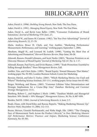 BIBLIOGRAPHY
Aaker, David A. (1996). Building Strong Brands, New York: The Free Press.
Aaker, David A. (1991). Managing Brand Equity, New York: The Free Press.
Aaker, David A., and Kevin Lane Keller. (1990). “Consumer Evaluations of Brand
Extensions,” Journal of Marketing, V54 (Jan), 27.
Aaker, David W., and James M. Carman. (1982). “Are You Over Advertising?” Journal of
Advertising Research, 22, 57–70.
Abela, Andrew, Bruce H. Clark, and Tim Ambler. “Marketing Performance
Measurement, Performance, and Learning,” working paper, September 1, 2004.
Abraham, Magid H., and Leonard M. Lodish. (1990). “Getting the Most Out of
Advertising and Promotion,” Harvard Business Review, May–June, 50–58.
Ailawadi, Kusum, Donald Lehmann, and Scott Neslin (2003). “Revenue Premium as an
Outcome Measure of Brand Equity,” Journal of Marketing, Vol. 67, No. 4, 1-17.
Ailawadi, Kusum, Paul Farris, and Ervin Shames. (1999). “Trade Promotion: Essential to
Selling through Resellers,” Sloan Management Review, Fall.
Ambler, Tim, and Chris Styles. (1995). “Brand Equity: Toward Measures That Matter,”
working paper No. 95-902, London Business School, Centre for Marketing.
Barwise, Patrick, and John U. Farley. (2003). “Which Marketing Metrics Are Used and
Where?” Marketing Science Institute, (03-111), working paper, Series issues two 03-002.
Berger, Weinberg, and Hanna. (2003). “Customer Lifetime Value Determination and
Strategic Implications for a Cruise-Ship Line,” Database Marketing and Customer
Strategy Management, 11(1).
Blattberg, Robert C., and Stephen J. Hoch. (1990). “Database Models and Managerial
Intuition: 50% Model + 50% Manager,” Management Science, 36, No. 8, 887–899.
Borden, Neil H. (1964). Journal of Advertising Research, 4, June: 2-7.
Brady, Diane, with David Kiley and Bureau Reports. “Making Marketing Measure Up,”
Business Week, December 13, 2004, 112–113.
Bruno, Hernan, Unmish Parthasarathi, and Nisha Singh, Eds. (2005). “The Changing
Face of Measurement Tools Across the Product Lifecycle,” in Does Marketing Measure
Up? Performance Metrics: Practices and Impact, Marketing Science Conference
Summary, No. 05-301.



                                                                                  393
 