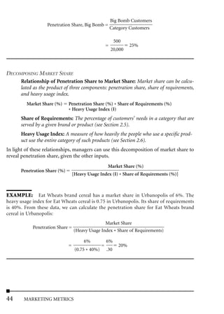 Big Bomb Customers
                   Penetration Share, Big Bomb =
                                                          Category Customers

                                                            500
                                                      =             25%
                                                          20,000



DECOMPOSING MARKET SHARE
      Relationship of Penetration Share to Market Share: Market share can be calcu-
      lated as the product of three components: penetration share, share of requirements,
      and heavy usage index.
         Market Share (%)     Penetration Share (%) * Share of Requirements (%)
                              * Heavy Usage Index (I)
      Share of Requirements: The percentage of customers’ needs in a category that are
      served by a given brand or product (see Section 2.5).
      Heavy Usage Index: A measure of how heavily the people who use a specific prod-
      uct use the entire category of such products (see Section 2.6).
In light of these relationships, managers can use this decomposition of market share to
reveal penetration share, given the other inputs.
                                                      Market Share (%)
      Penetration Share (%)
                                  [Heavy Usage Index (I) * Share of Requirements (%)]



EXAMPLE: Eat Wheats brand cereal has a market share in Urbanopolis of 6%. The
heavy usage index for Eat Wheats cereal is 0.75 in Urbanopolis. Its share of requirements
is 40%. From these data, we can calculate the penetration share for Eat Wheats brand
cereal in Urbanopolis:
                                                 Market Share
            Penetration Share =
                                  (Heavy Usage Index * Share of Requirements)

                                       6%             6%
                              =                   =           20%
                                   (0.75 * 40%)       .30




44      MARKETING METRICS
 