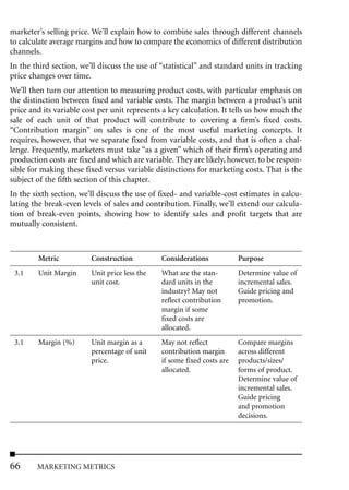 marketer’s selling price. We’ll explain how to combine sales through different channels
to calculate average margins and how to compare the economics of different distribution
channels.
In the third section, we’ll discuss the use of “statistical” and standard units in tracking
price changes over time.
We’ll then turn our attention to measuring product costs, with particular emphasis on
the distinction between fixed and variable costs. The margin between a product’s unit
price and its variable cost per unit represents a key calculation. It tells us how much the
sale of each unit of that product will contribute to covering a firm’s fixed costs.
“Contribution margin” on sales is one of the most useful marketing concepts. It
requires, however, that we separate fixed from variable costs, and that is often a chal-
lenge. Frequently, marketers must take “as a given” which of their firm’s operating and
production costs are fixed and which are variable. They are likely, however, to be respon-
sible for making these fixed versus variable distinctions for marketing costs. That is the
subject of the fifth section of this chapter.
In the sixth section, we’ll discuss the use of fixed- and variable-cost estimates in calcu-
lating the break-even levels of sales and contribution. Finally, we’ll extend our calcula-
tion of break-even points, showing how to identify sales and profit targets that are
mutually consistent.



        Metric           Construction          Considerations            Purpose
 3.1    Unit Margin      Unit price less the   What are the stan-        Determine value of
                         unit cost.            dard units in the         incremental sales.
                                               industry? May not         Guide pricing and
                                               reflect contribution      promotion.
                                               margin if some
                                               fixed costs are
                                               allocated.
 3.1    Margin (%)       Unit margin as a      May not reflect           Compare margins
                         percentage of unit    contribution margin       across different
                         price.                if some fixed costs are   products/sizes/
                                               allocated.                forms of product.
                                                                         Determine value of
                                                                         incremental sales.
                                                                         Guide pricing
                                                                         and promotion
                                                                         decisions.




66      MARKETING METRICS
 
