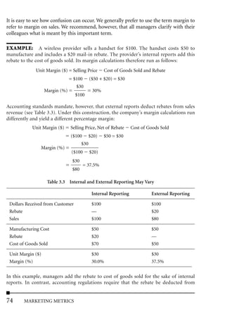 It is easy to see how confusion can occur. We generally prefer to use the term margin to
refer to margin on sales. We recommend, however, that all managers clarify with their
colleagues what is meant by this important term.

EXAMPLE: A wireless provider sells a handset for $100. The handset costs $50 to
manufacture and includes a $20 mail-in rebate. The provider’s internal reports add this
rebate to the cost of goods sold. Its margin calculations therefore run as follows:
             Unit Margin ($) = Selling Price          Cost of Goods Sold and Rebate
                              = $100          ($50 + $20) = $30
                                     $30
                   Margin (%) =             = 30%
                                    $100

Accounting standards mandate, however, that external reports deduct rebates from sales
revenue (see Table 3.3). Under this construction, the company’s margin calculations run
differently and yield a different percentage margin:
            Unit Margin ($)       Selling Price, Net of Rebate      Cost of Goods Sold
                                  ($100       $20)    $50 = $30
                                        $30
                Margin (%) =
                                  ($100       $20)
                                  $30
                              =           = 37.5%
                                  $80

                    Table 3.3 Internal and External Reporting May Vary

                                               Internal Reporting            External Reporting

 Dollars Received from Customer                $100                          $100
 Rebate                                        —                             $20
 Sales                                         $100                          $80

 Manufacturing Cost                            $50                           $50
 Rebate                                        $20                           —
 Cost of Goods Sold                            $70                           $50

 Unit Margin ($)                               $30                           $30
 Margin (%)                                    30.0%                         37.5%


In this example, managers add the rebate to cost of goods sold for the sake of internal
reports. In contrast, accounting regulations require that the rebate be deducted from


74      MARKETING METRICS
 