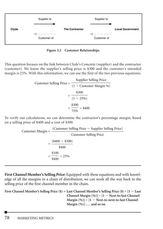 Supplier to                                       Supplier to


     Clyde                                    The Contractor                           Local Government


                      Customer of                                       Customer of



                             Figure 3.2 Customer Relationships


This question focuses on the link between Clyde’s Concrete (supplier) and the contractor
(customer). We know the supplier’s selling price is $300 and the customer’s intended
margin is 25%. With this information, we can use the first of the two previous equations.
                                                           Supplier Selling Price
                    Customer Selling Price =
                                                      (1     Customer Margin %)
                                                           $300
                                                  =
                                                      (1     25%)
                                                      $300
                                                  =          = $400
                                                      75%
To verify our calculations, we can determine the contractor’s percentage margin, based
on a selling price of $400 and a cost of $300.
                                    (Customer Selling Price           Supplier Selling Price)
             Customer Margin =
                                                      Customer Selling Price
                                    ($400     $300)
                              =
                                           $400
                                    $100
                              =             = 25%
                                    $400



First Channel Member’s Selling Price: Equipped with these equations and with knowl-
edge of all the margins in a chain of distribution, we can work all the way back to the
selling price of the first channel member in the chain.
First Channel Member’s Selling Price ($) = Last Channel Member’s Selling Price ($) * [1 Last
                                           Channel Margin (%)] * [1 Next-to-last Channel
                                           Margin (%)] * [1 Next-to-next-to-last Channel
                                           Margin (%)] . . . and so on


78       MARKETING METRICS
 