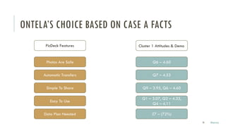 ONTELA’S CHOICE BASED ON CASE A FACTS
Photos Are Safe
Automatic Transfers
Simple To Share
Easy To Use
Data Plan Needed
Q6 – 4.60
Q7 – 4.53
Q9 – 3.95, Q6 – 4.60
Q1 – 3.07, Q2 – 4.33,
Q4 – 4.11
Z7 – (72%)
PicDeck Features Cluster 1 Attitudes & Demo
26 Marco
 